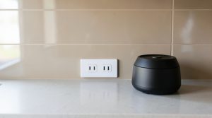 Widok zbliżenia na blat kuchenny z gniazdkiem elektrycznym zamontowanym nad blatem i podstawą małego sprzętu kuchennego po prawej stronie.